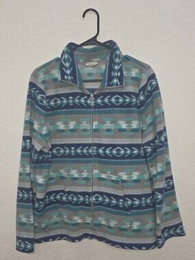 Aztec Pattern Zip Up Fleece Jacket in Teal, Navy & Gray XL Sonoma